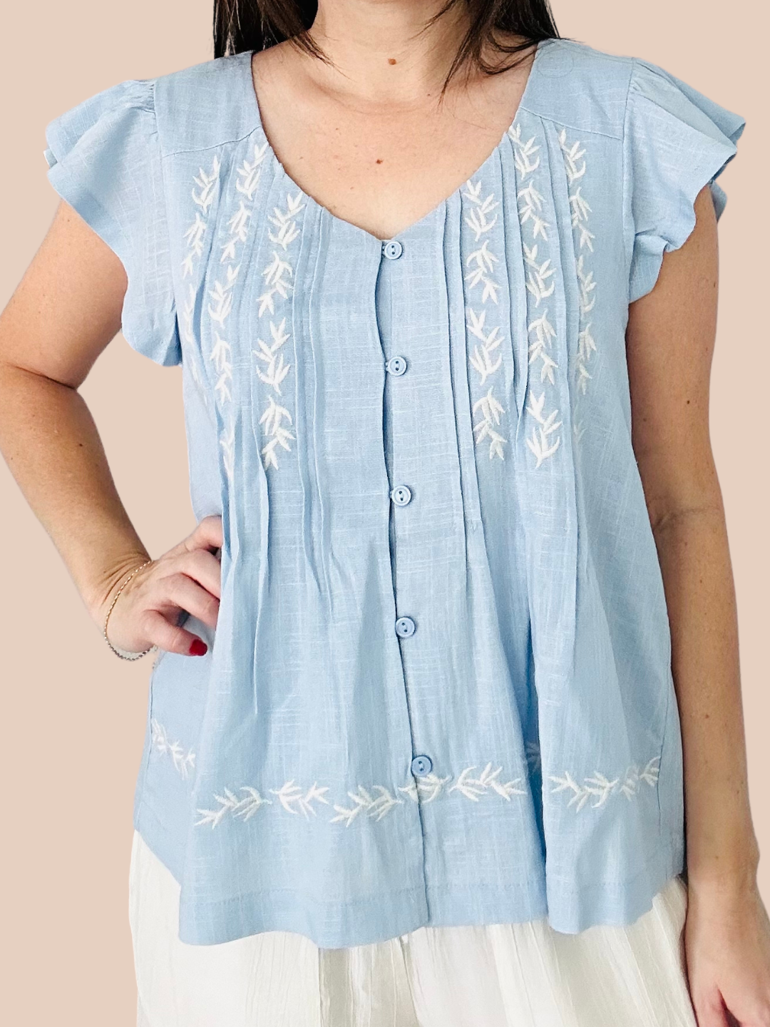Sky blue embroidery V Neck Top