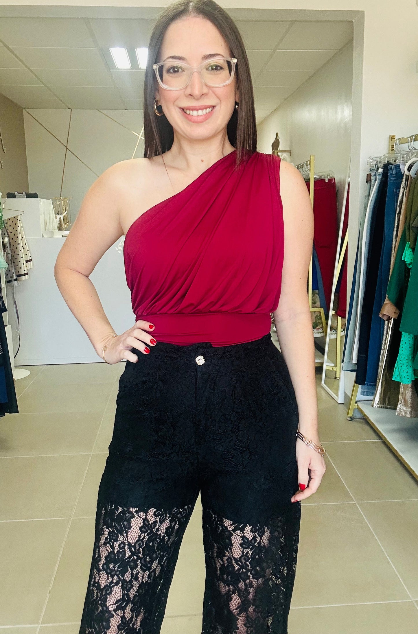 One Shoulder Dark Red Top