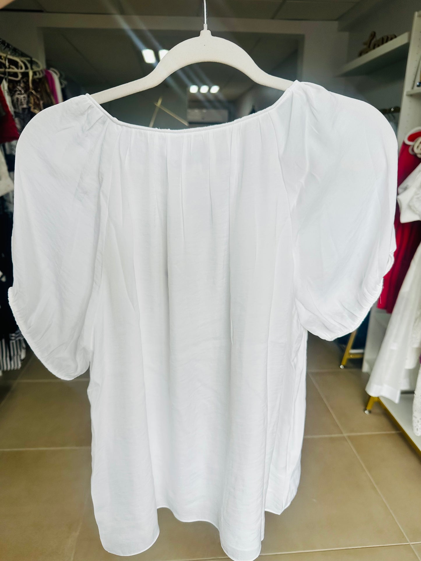 White short Sleeve Blouse with Cord Detail