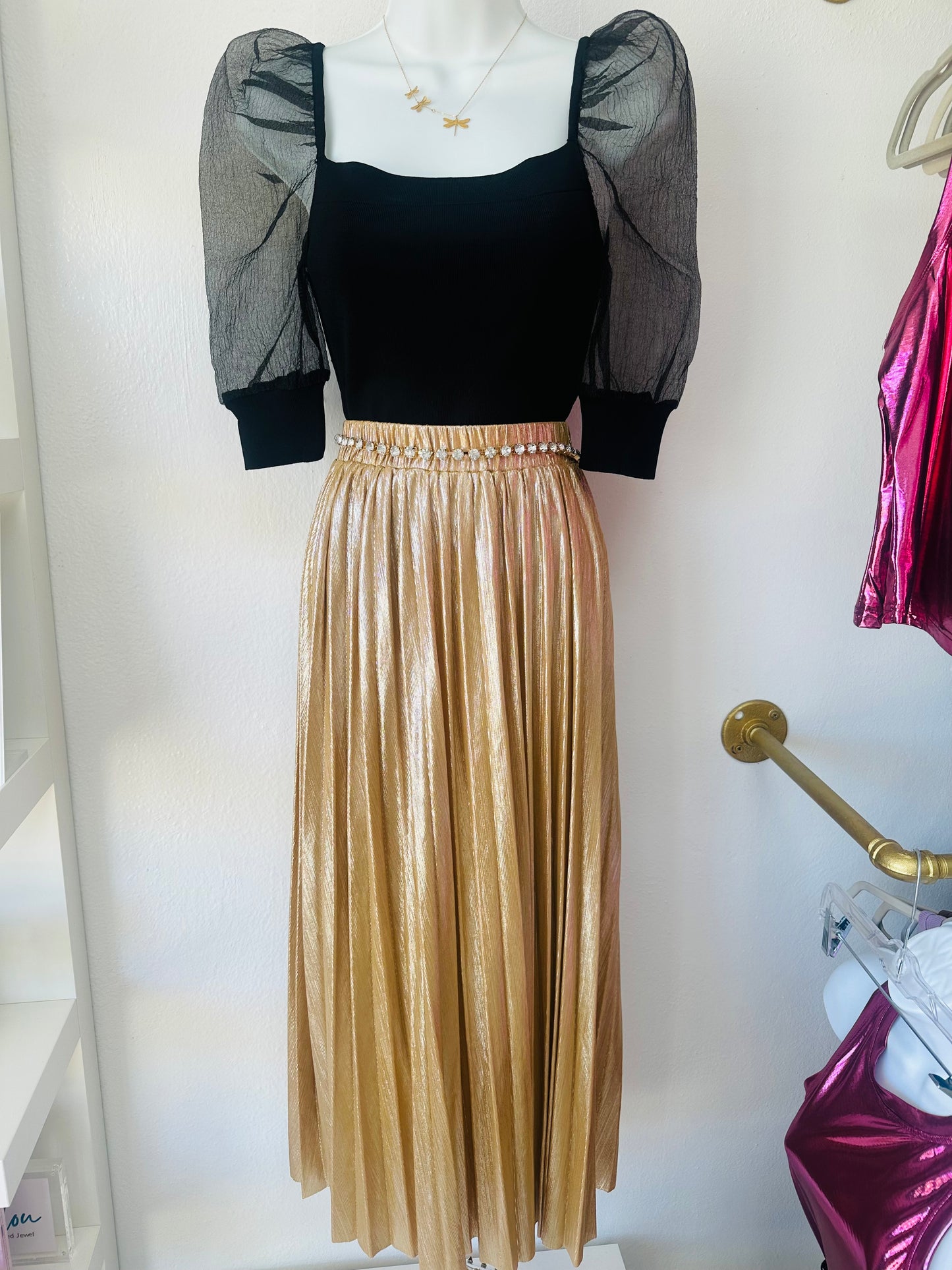 Gold Pleated Midi Skirt