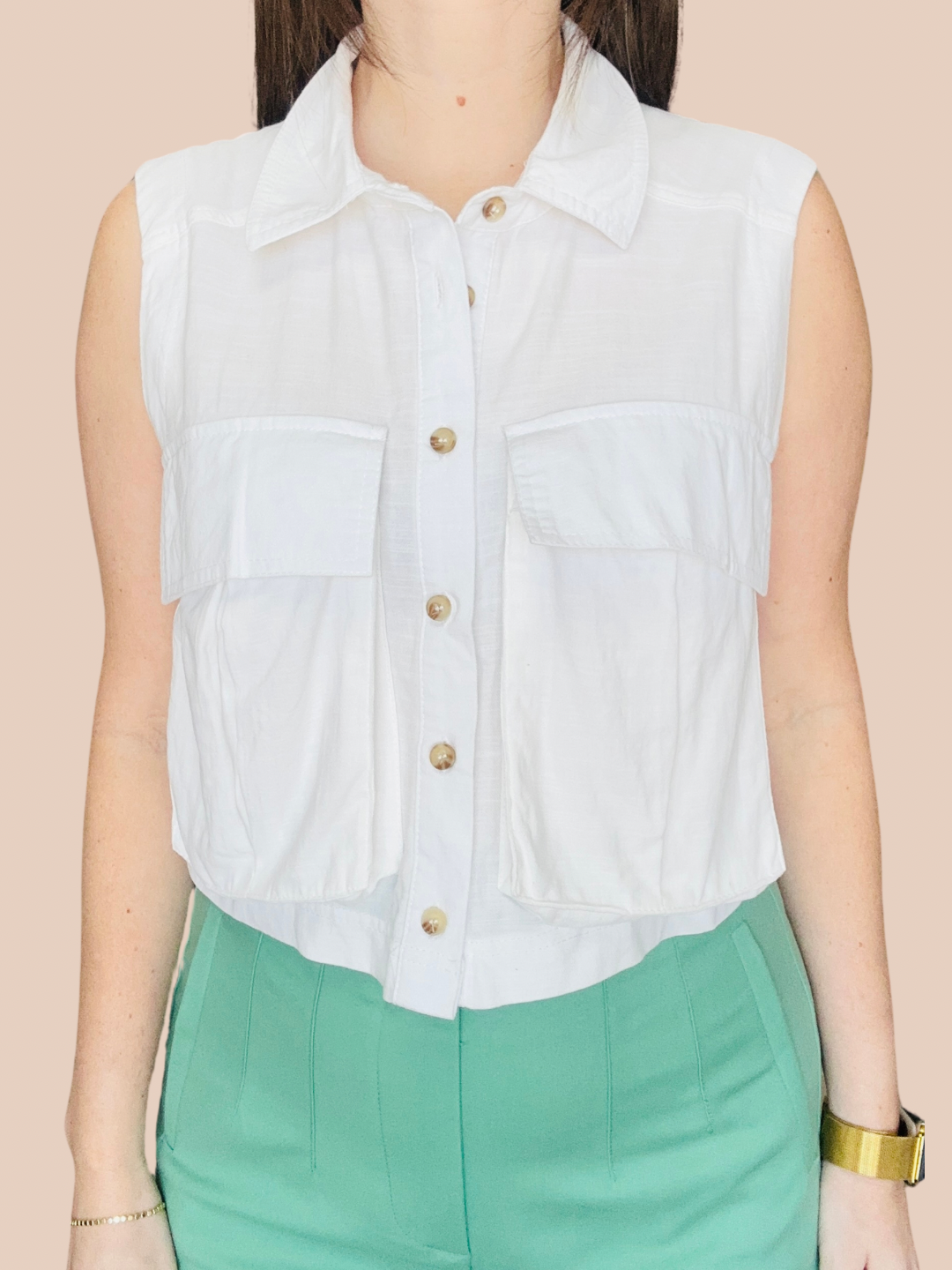 White Sleeveless Pocket Top