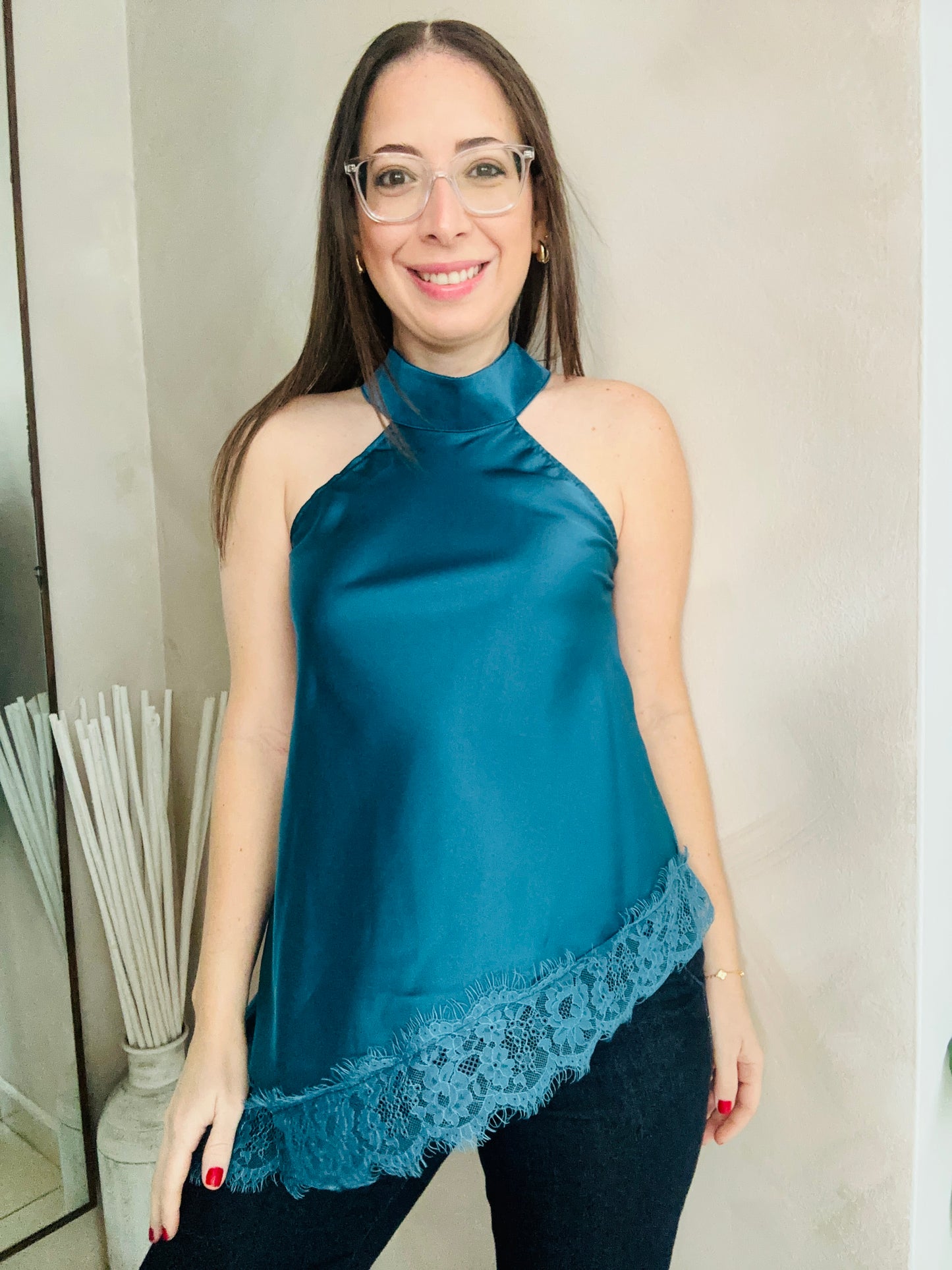 ASYMMETRIC TEAL LACE TOP
