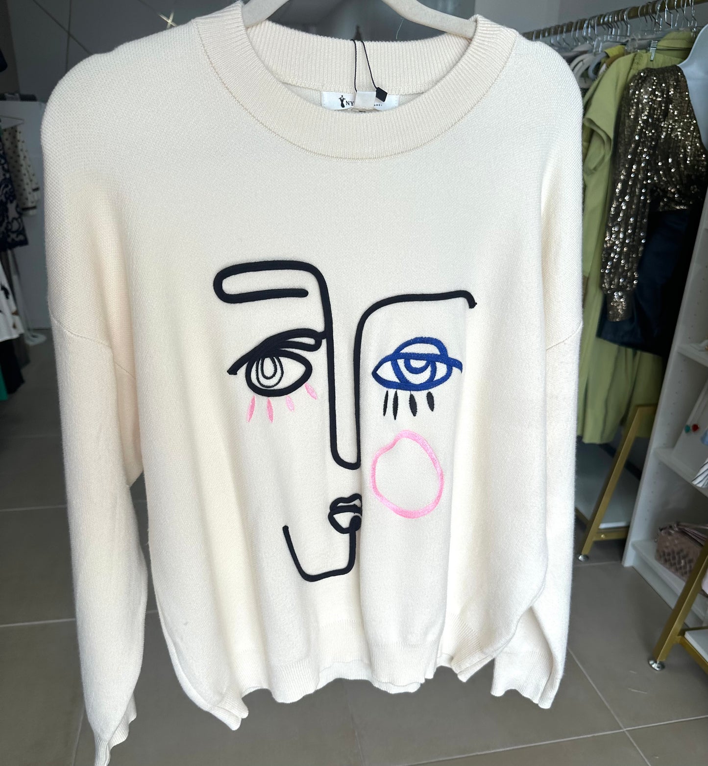 Abstract Print Ivory Sweater Top