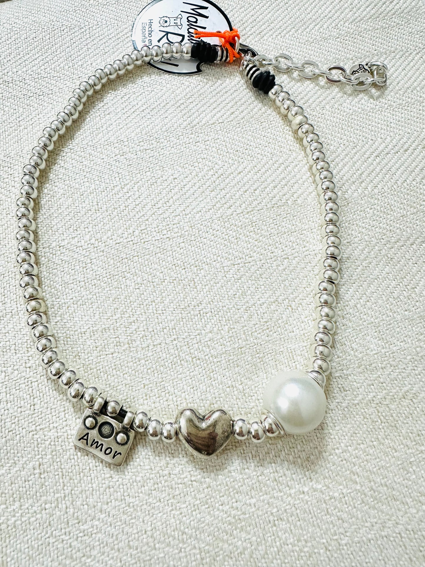 “Amor” Pearl Silver Plated Necklace +Bracelet