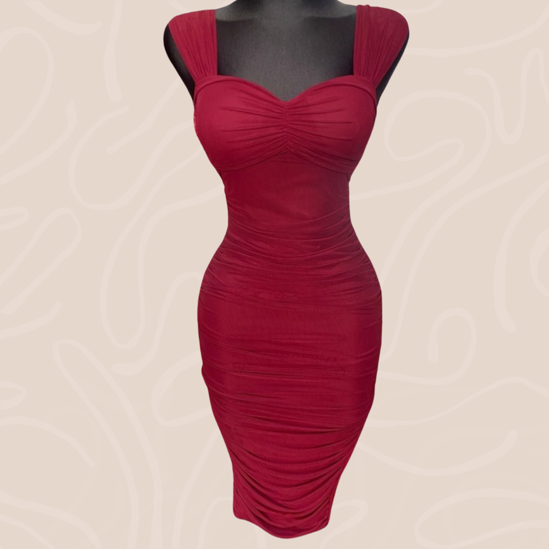 Dark Red Ruched Midi Dress