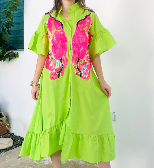 Green Sequin Flower Midi Oversized Dress