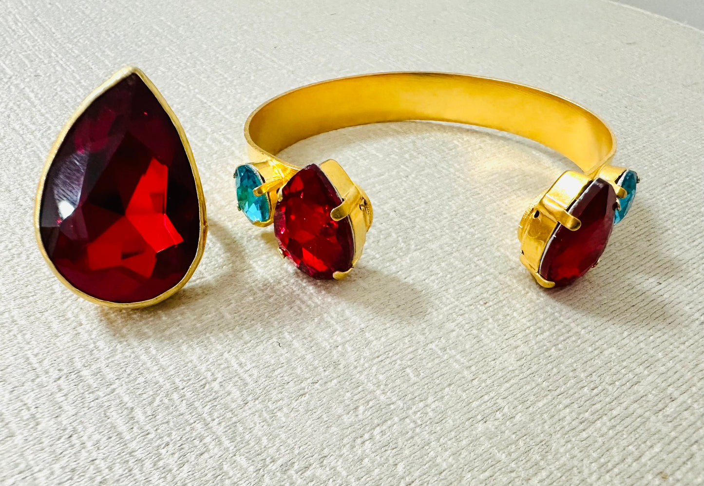 Red Stone Cuff & Ring Gold Plated
