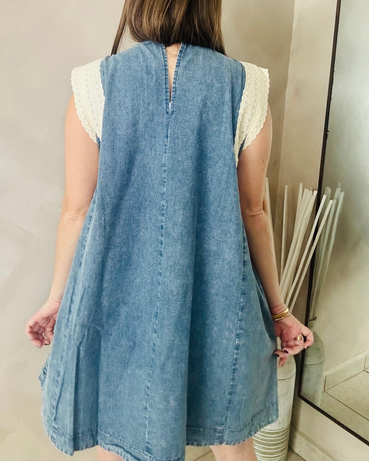 Cream Lace Details/ Denim Oversized Dress