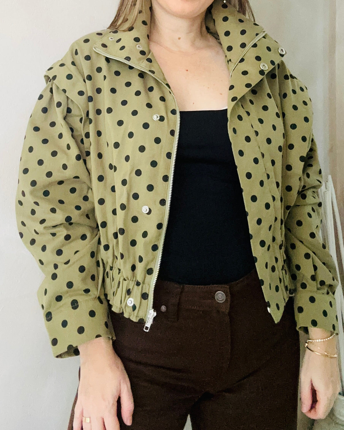 Polka Dots High Neck Olive Jacket