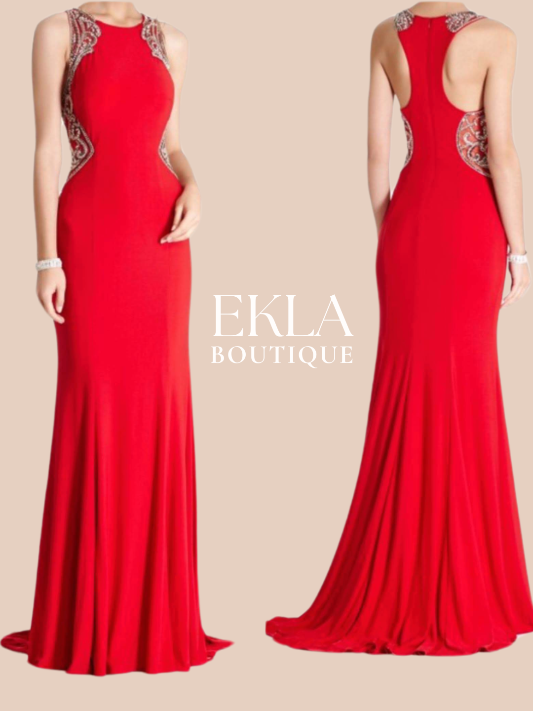 Red/ Rhinestone Details Formal Dress