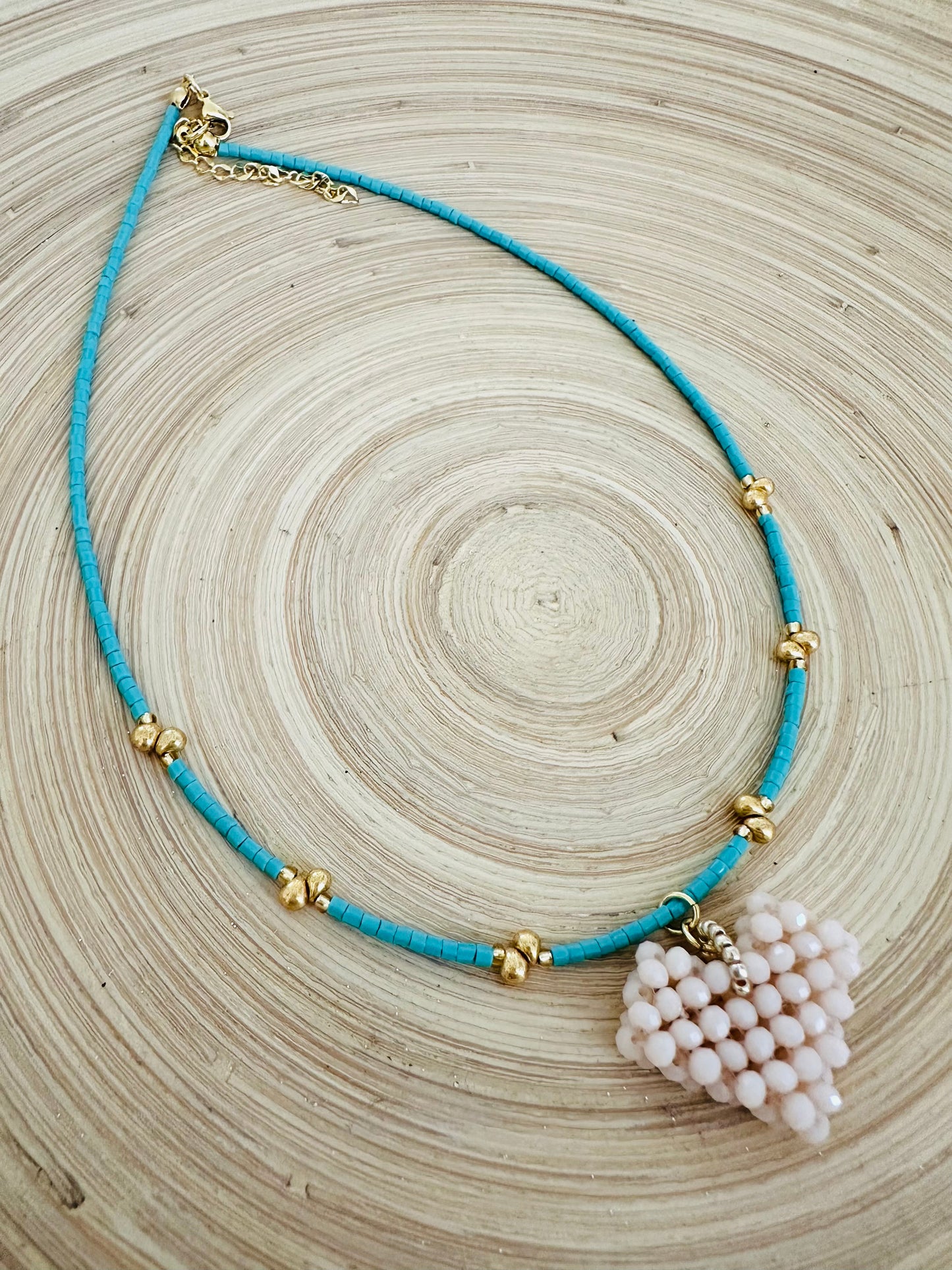 Turquoise/ Cream beaded Heart Necklace