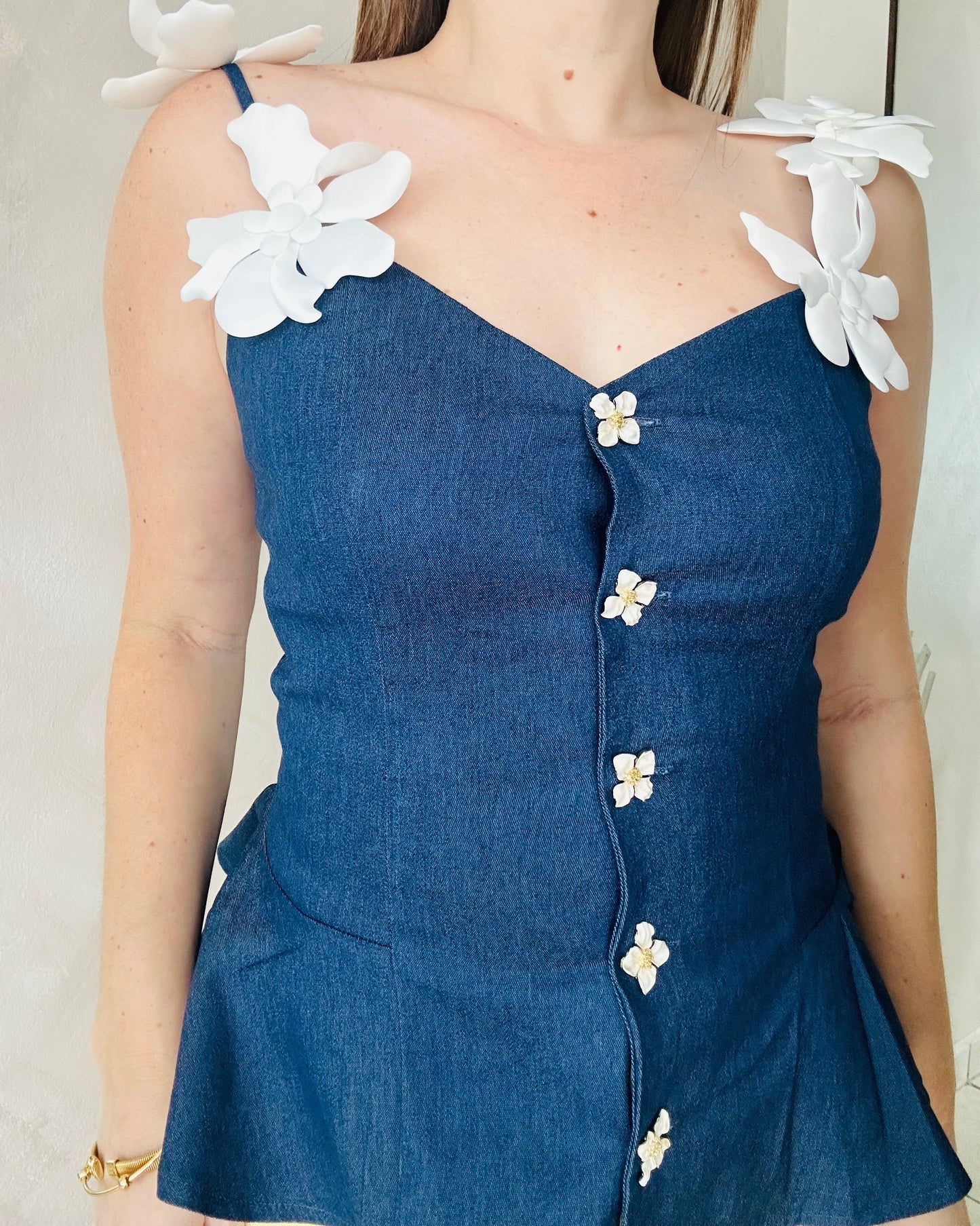 Denim Flower Details Top