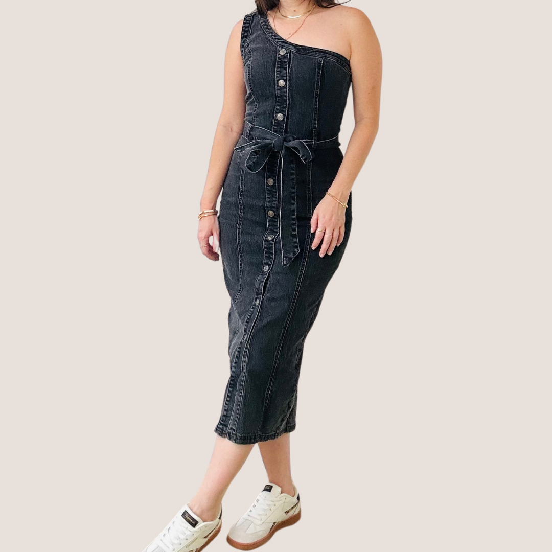Black One Shoulder Denim Dress EKLA BOUTIQUE Black One Shoulder Denim Dress EKLA BOUTIQUE
