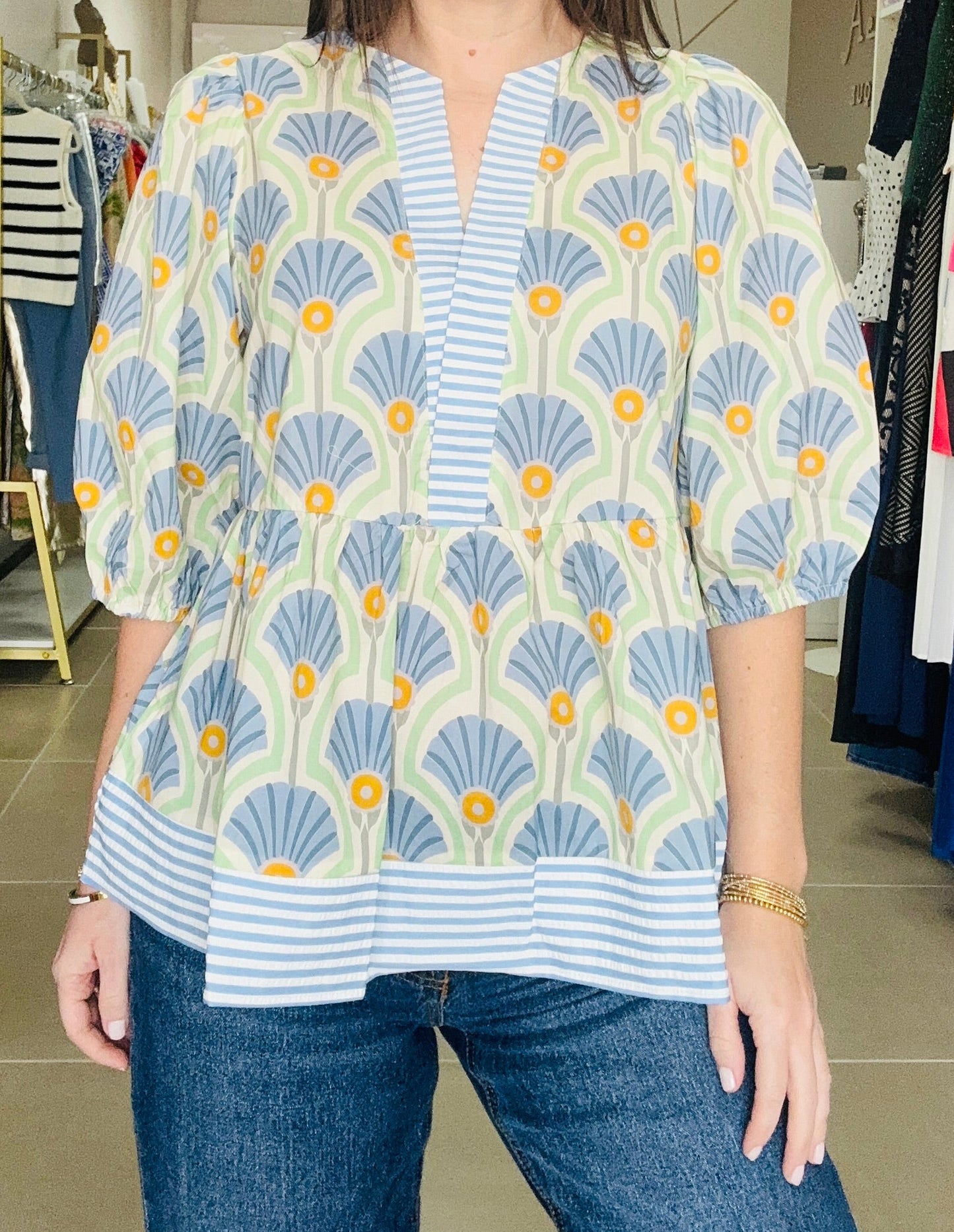 Blue Stripes Contrast Half Sleeve TOP