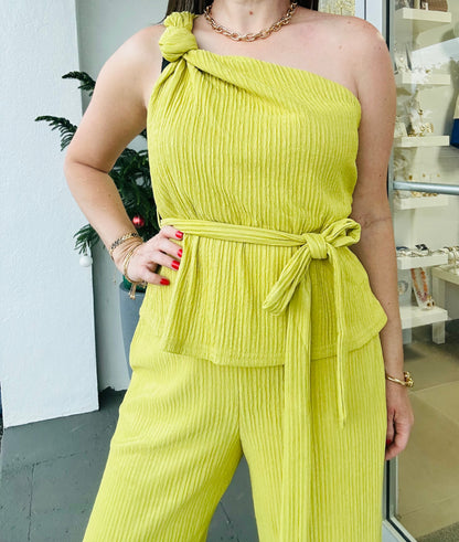 Green texture one shoulder Set