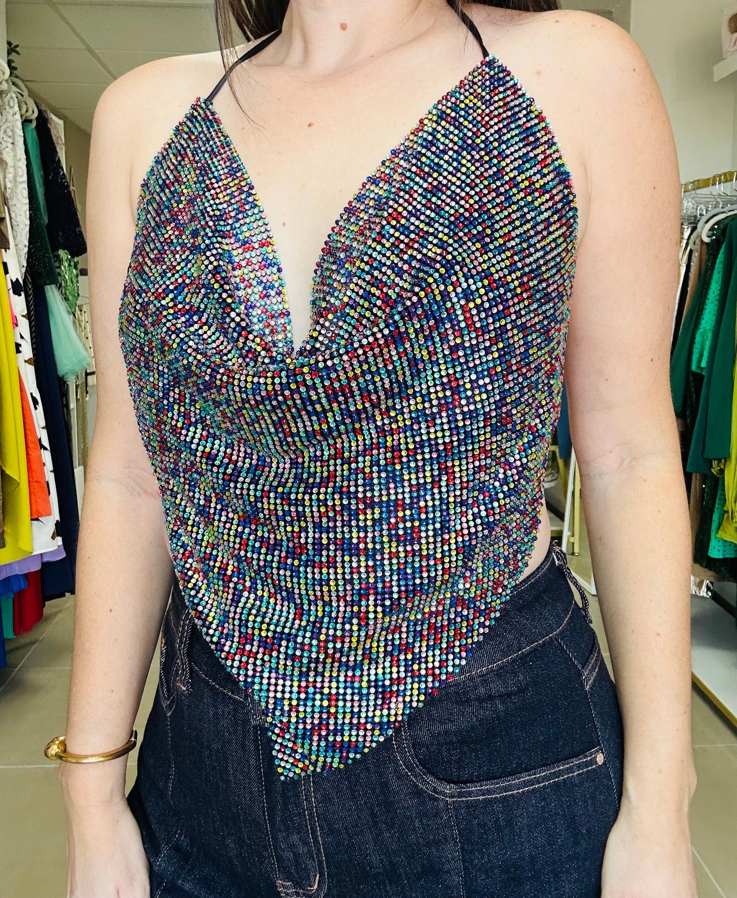 Multicolor Metallic Open Back Top