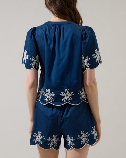 Navy embroidery Top and Short Set