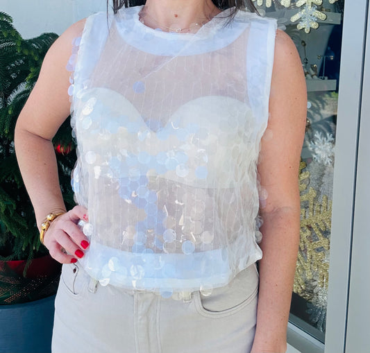 Sleeveless Sheer White sequin Top