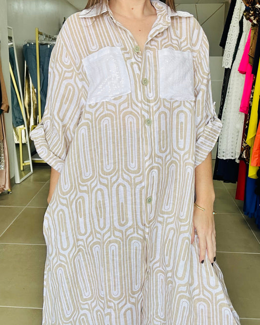 ONE SIZE LINEN MAXI DRESS WITH SEQUIN POCKETS