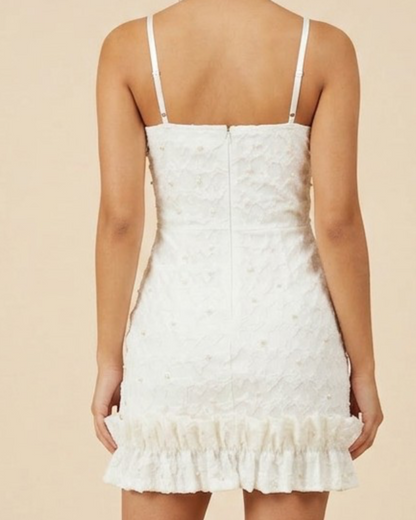 Texture Pearl/ Ruffle hem White Dress