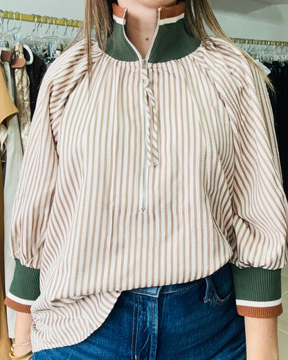 TAUPE ZIP OVERSIZED TOP