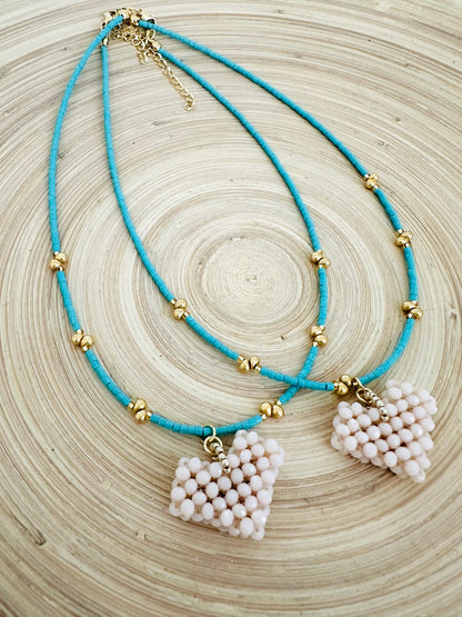 Turquoise/ Cream  beaded Heart Necklace