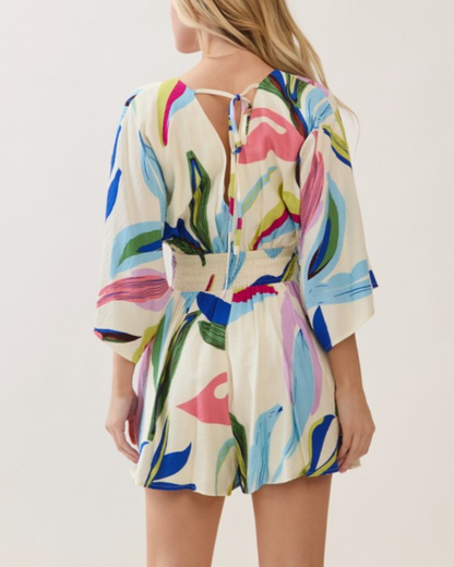 Ivory Leaf Print Romper