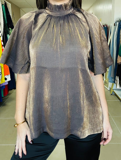 Gray Gold Details Ruffle Neck Blouse