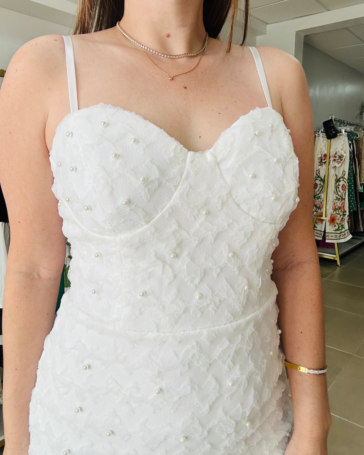 Texture Pearl/ Ruffle hem White Dress