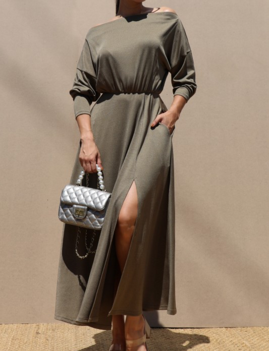 Olive Khaki Offshoulder Knit Midi Dress