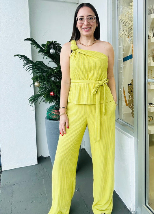 Green texture one shoulder Set