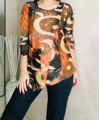 Orange Print Asymmetric Long Sleeve Blouse