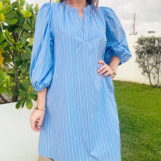 Blue Stripped - Split Neck Dress
