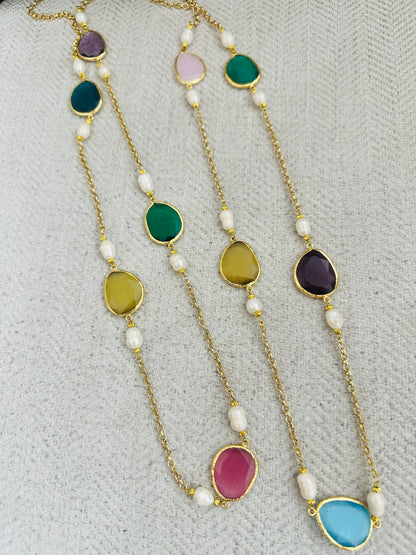 Stones and Pearls Gold Plated Necklace