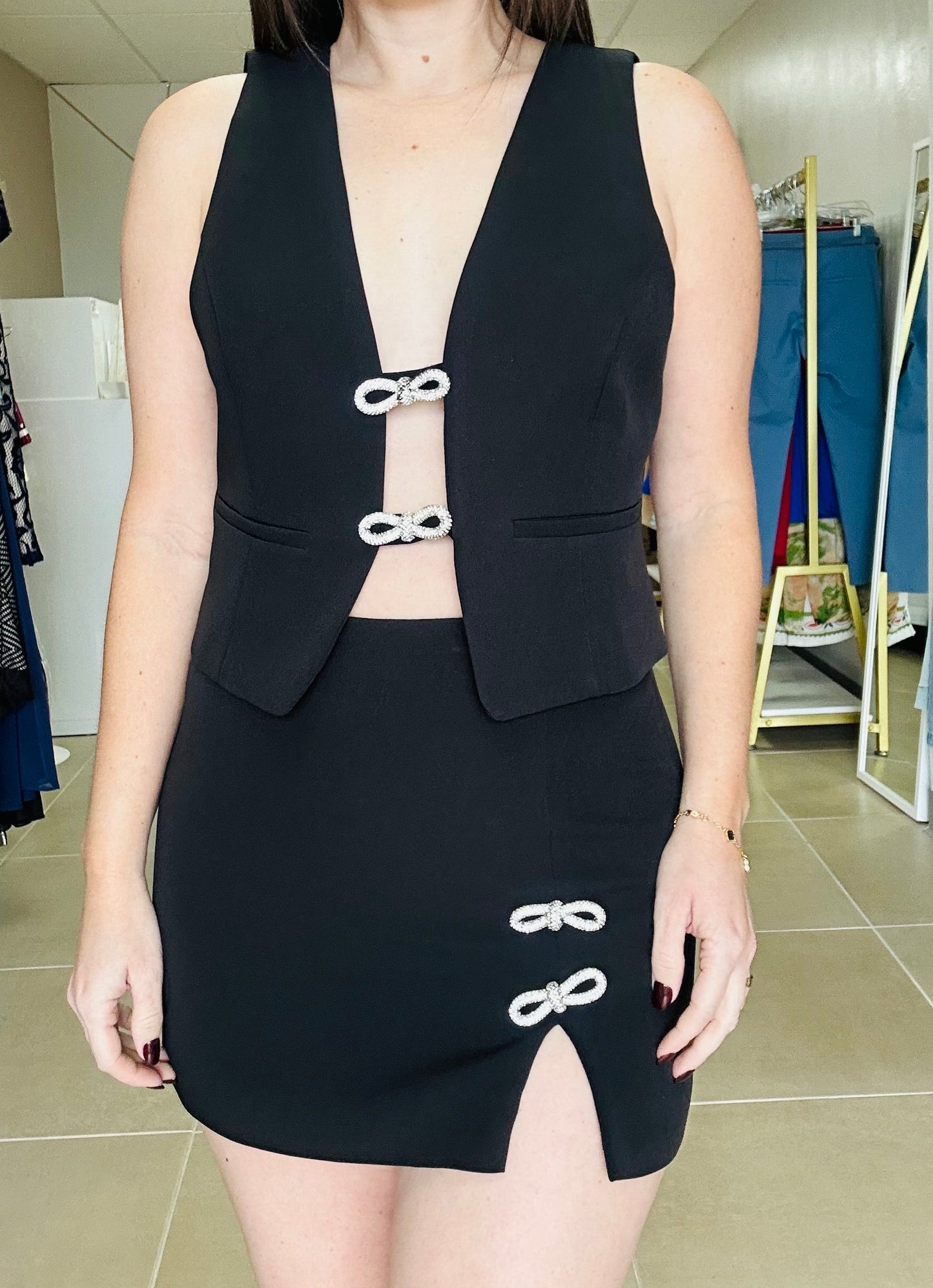 Rhinestone Bow Vest + Skirt Set