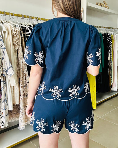 Navy embroidery Top and Short Set