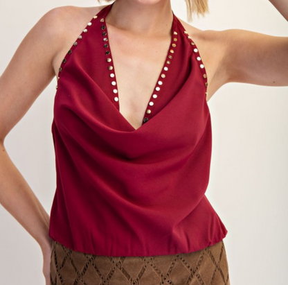 Gold Studs Wine Backless Top