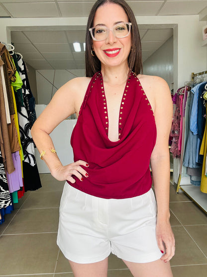 Gold Studs Wine Backless Top