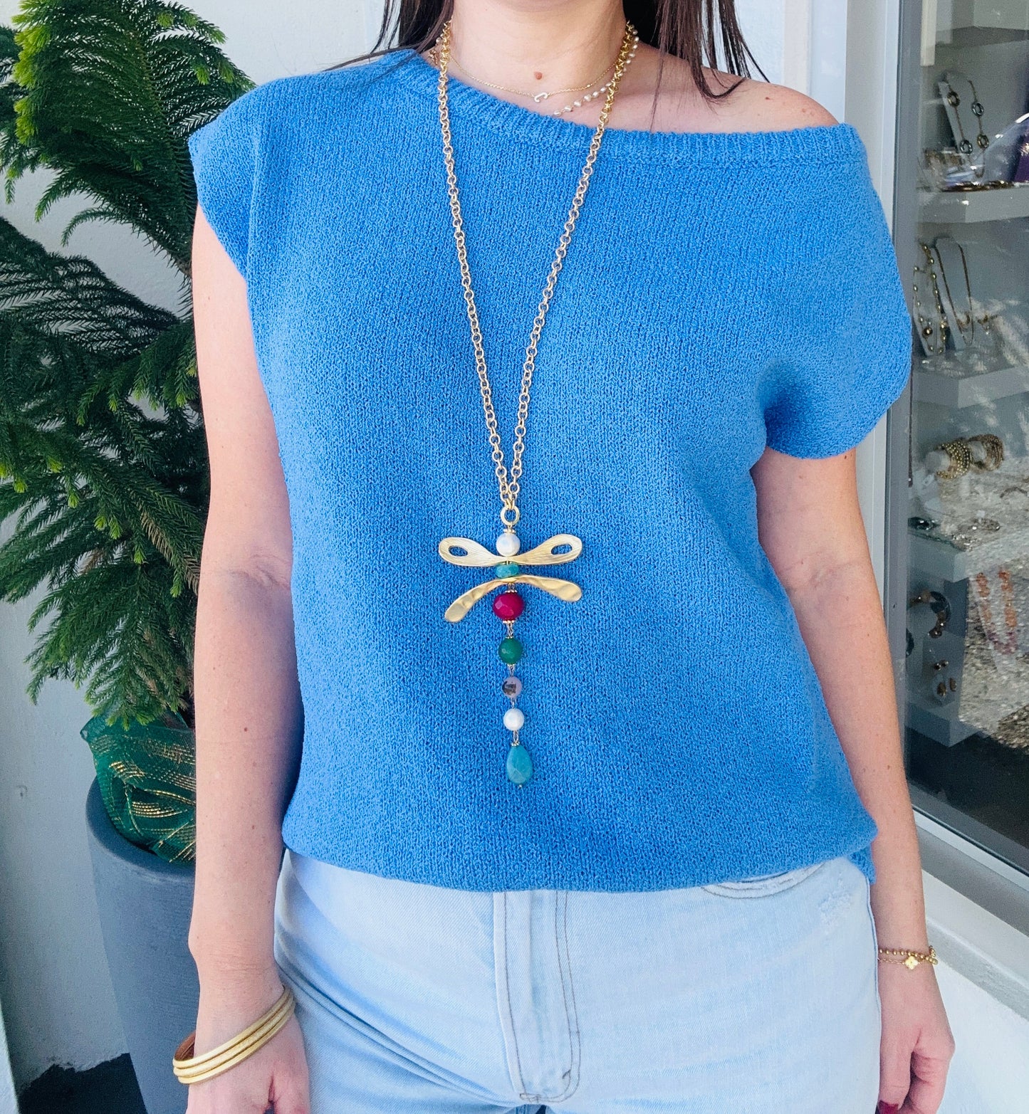 Drop short Sleeve Blue Sweater Top