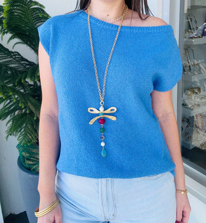 Drop short Sleeve Blue Sweater Top