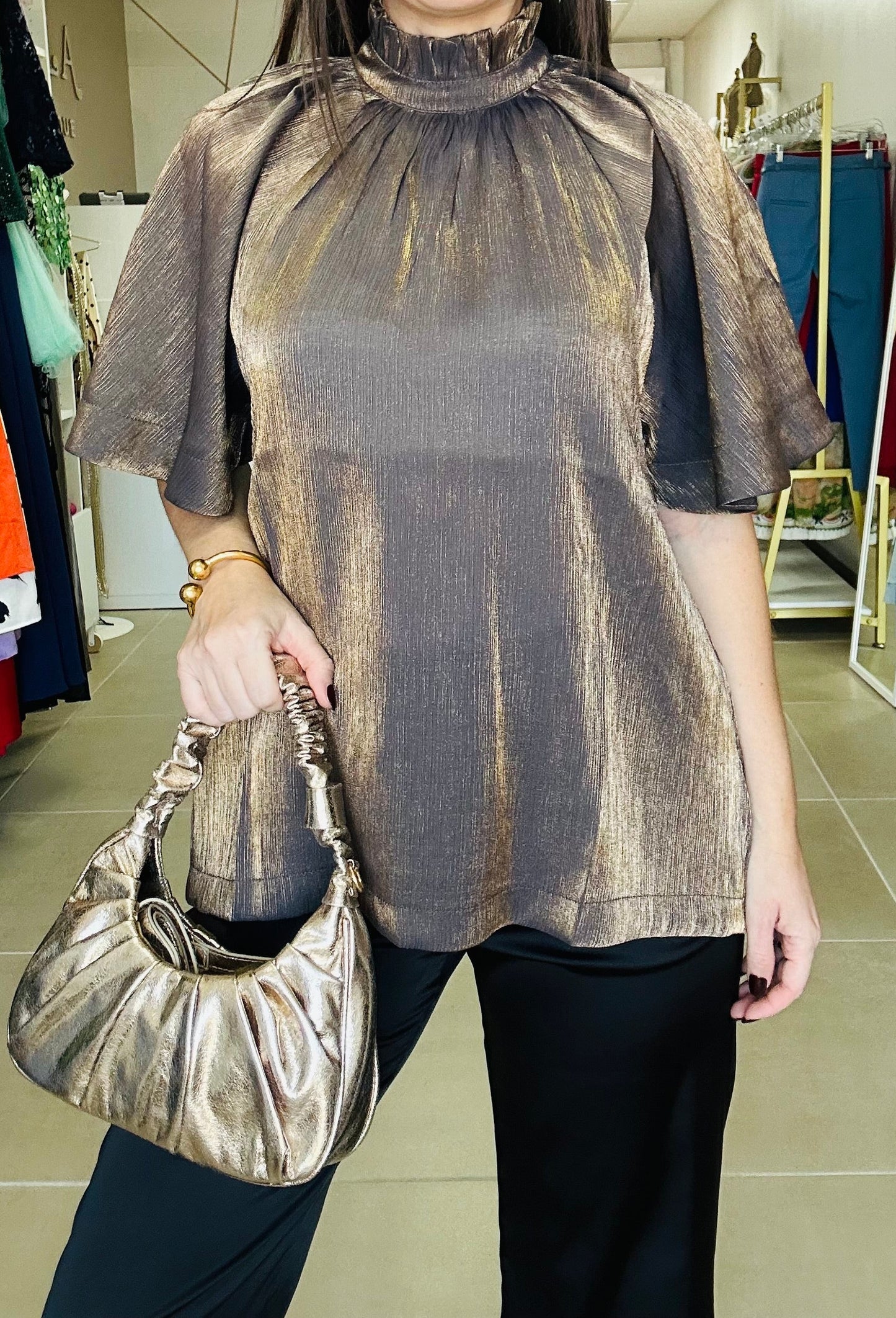 Gray Gold Details Ruffle Neck Blouse