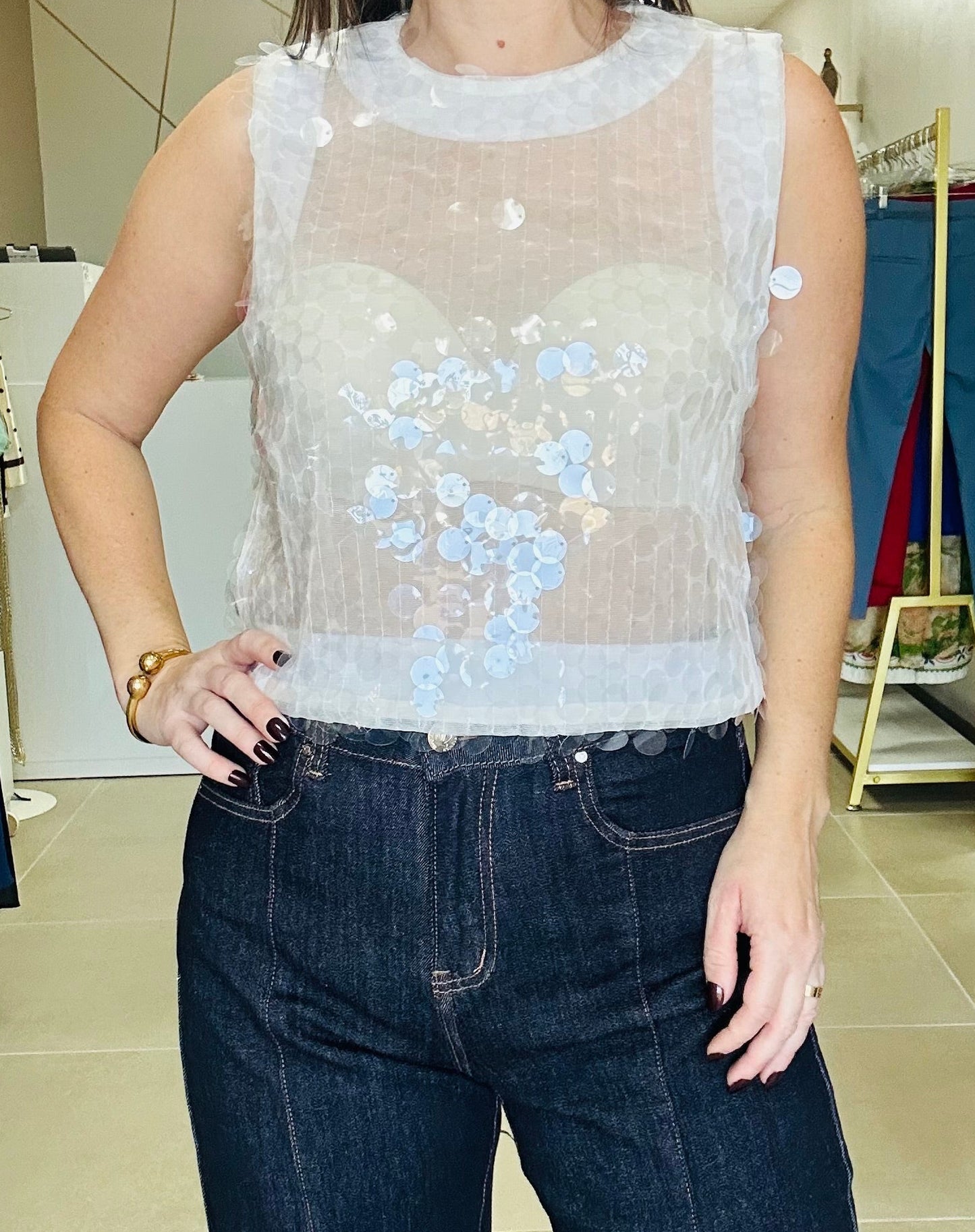 Sleeveless Sheer White sequin Top