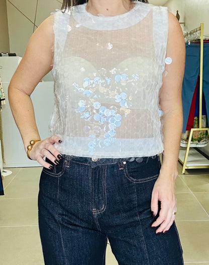 Sleeveless Sheer White sequin Top