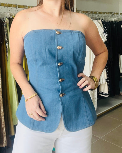 Denim Tube Top with Gold Buttons