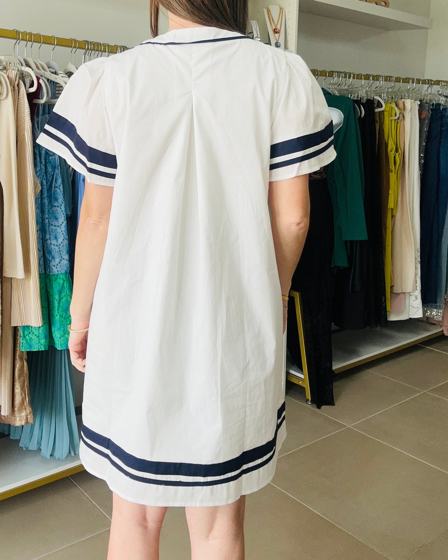 White /Navy A line Dress