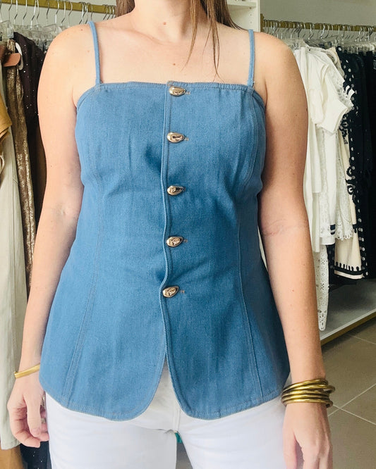 Denim Tube Top with Gold Buttons