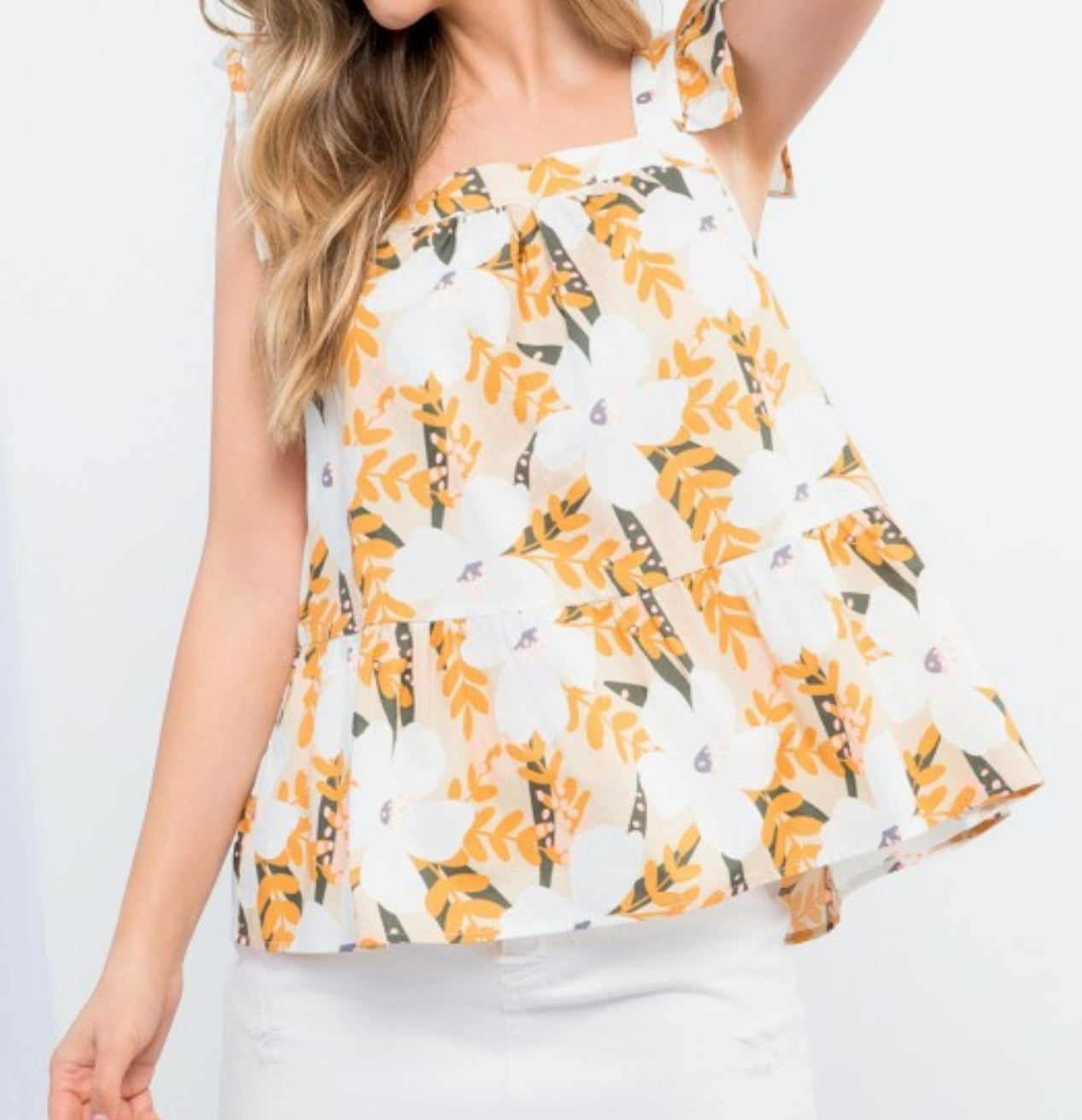 Light Yellow Square Neck Floral Top  PLUS size