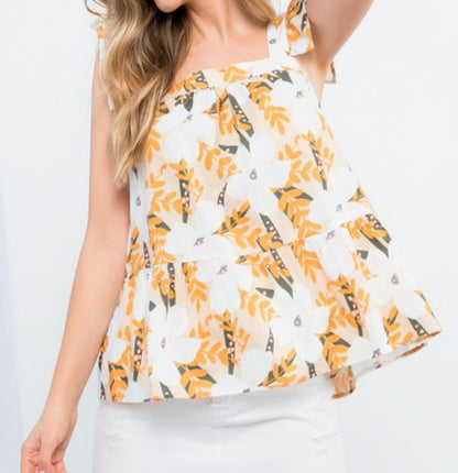 Light Yellow Square Neck Floral Top  PLUS size