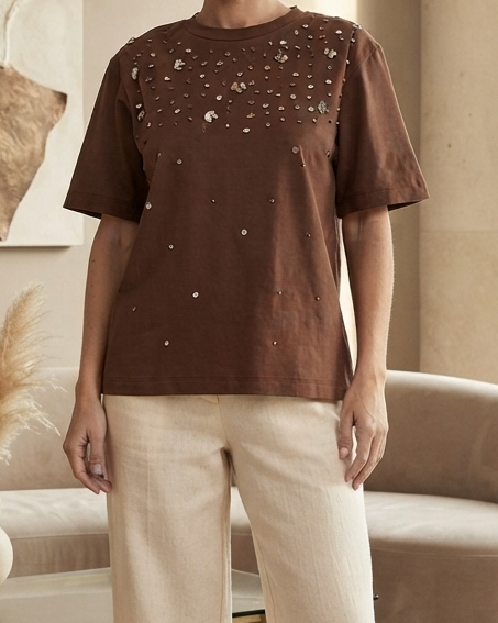 Brown Beaded Sequin Tee