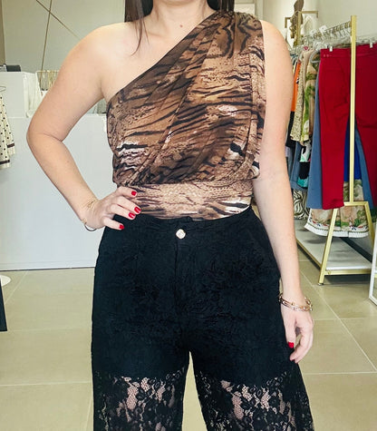 One Shoulder Brown Print Top